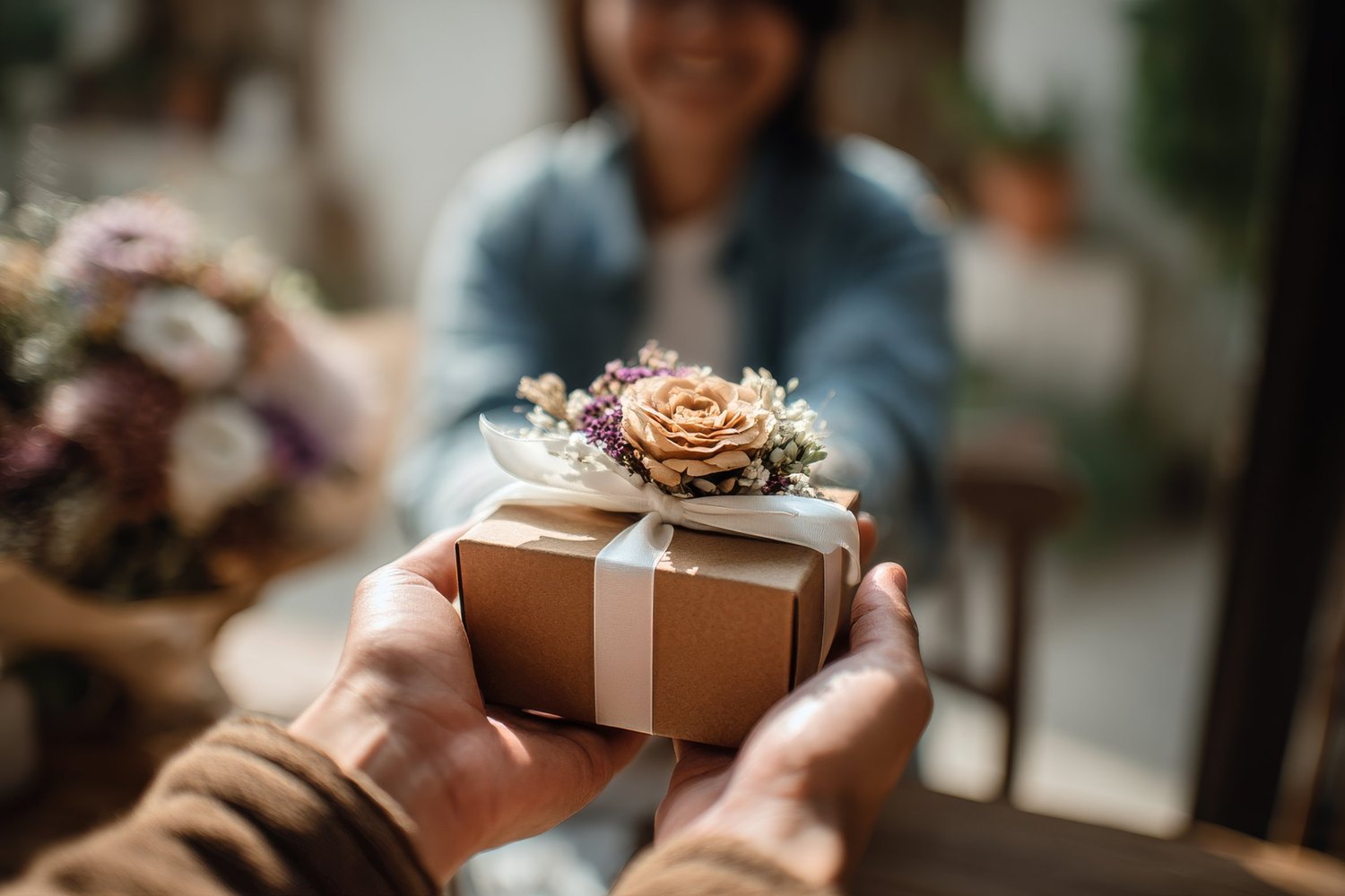 Hands passing a kraft gift box tied with a cream ribbon and dried flowers